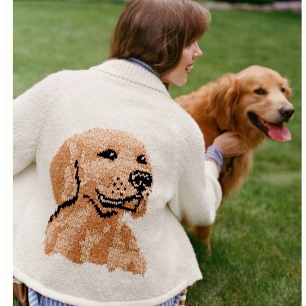Pilcro Cream Cardigan with Golden Dog Intarsia
